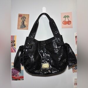 Nine West Black Croc-Embossed Shoulder Bag with Gold Plaque